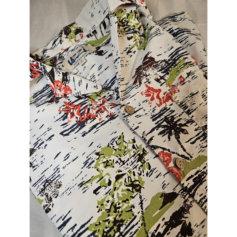 Uzzi Amphibious Gear Mens Large White Tropical Palm Tree Hibiscus Aloha Shirt